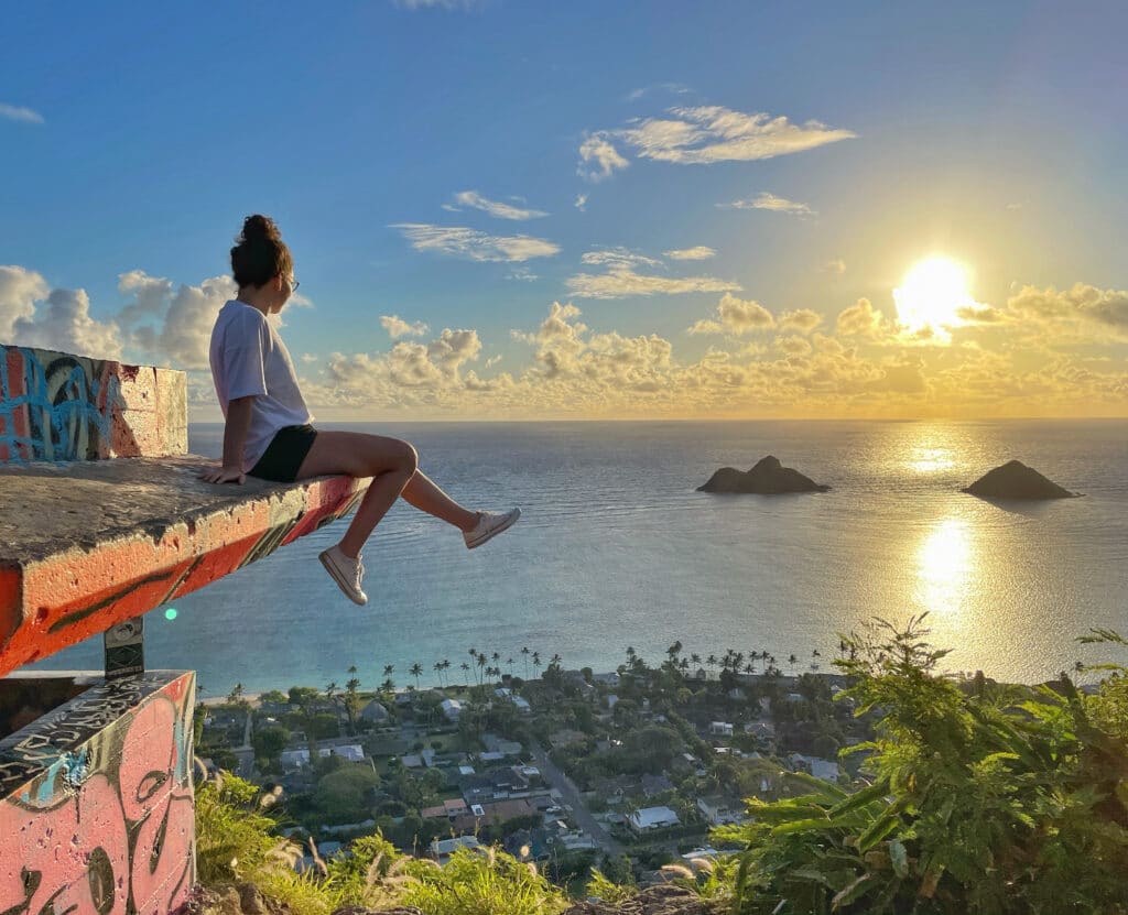 Arielle gazing at the Sunrise during a hike on the Pillbox trail on Oahu Island